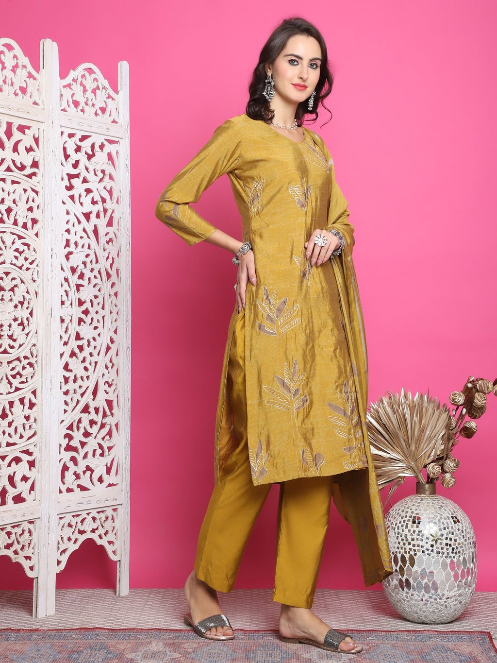 Jyoti Fashion Women's Mustard Muslin Floral Print with Jari & Crystal work Kurta with Trouser & Dupatta