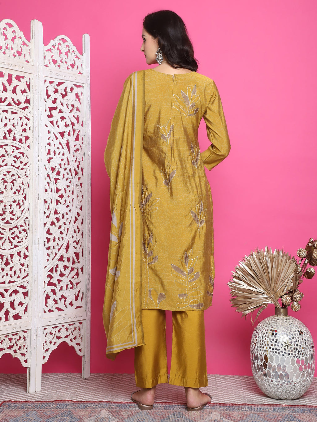 Jyoti Fashion Women's Mustard Muslin Floral Print with Jari & Crystal work Kurta with Trouser & Dupatta