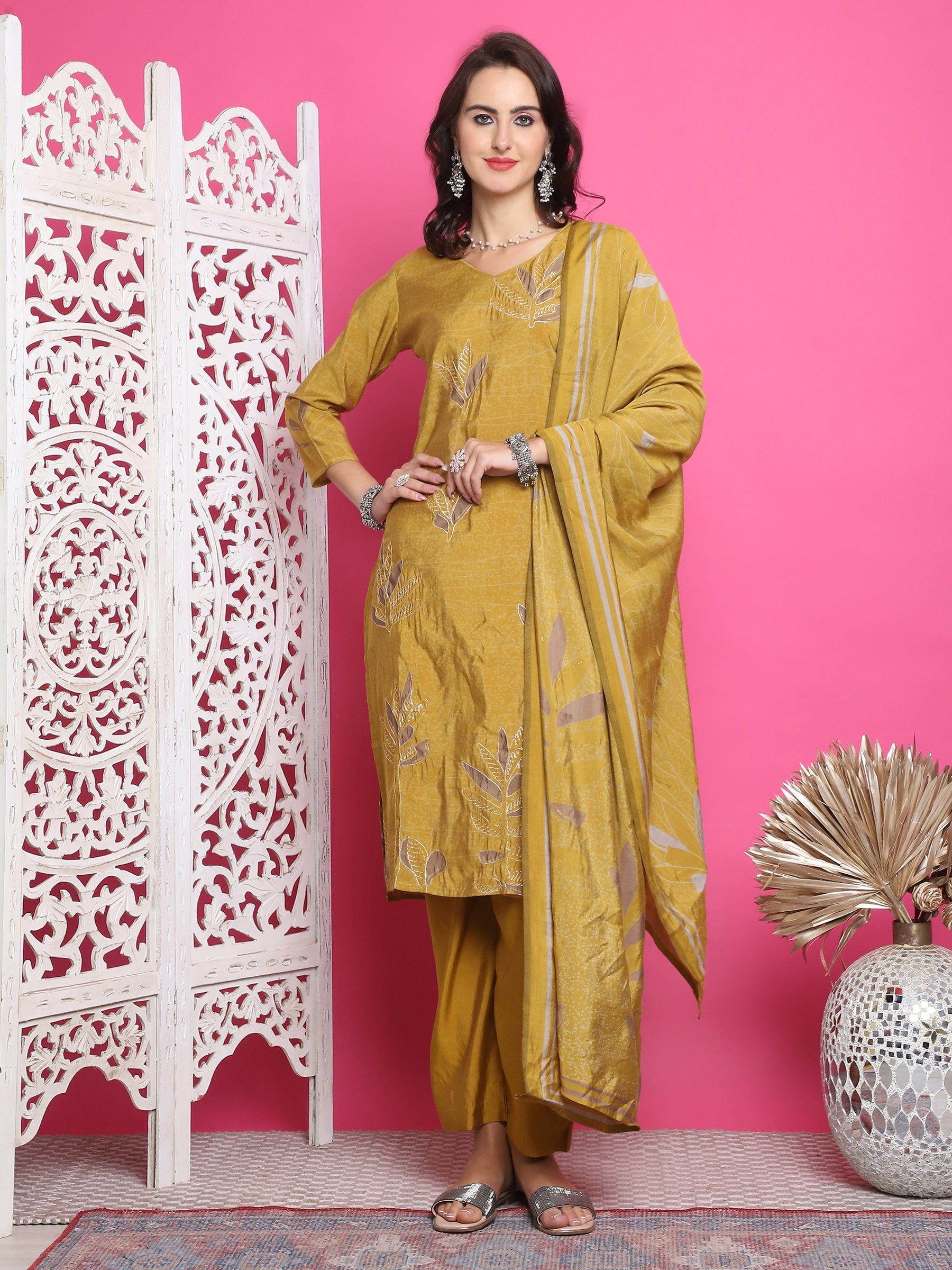 Jyoti Fashion Women's Mustard Muslin Floral Print with Jari & Crystal work Kurta with Trouser & Dupatta