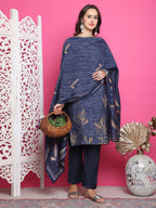 Jyoti Fashion Women's Navy Blue Muslin Floral Print with Jari & Crystal work Kurta with Trouser & Dupatta