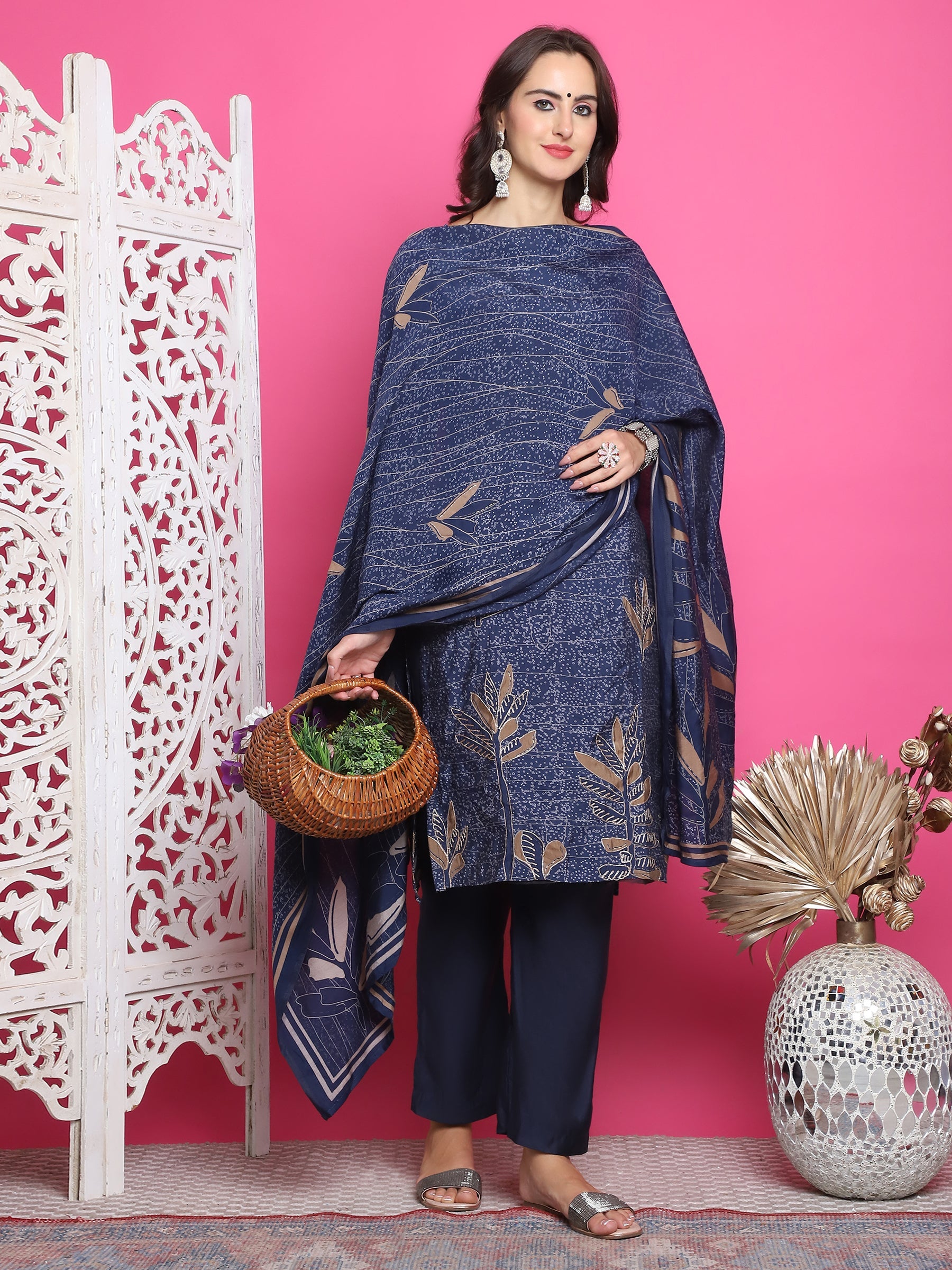 Jyoti Fashion Women's Navy Blue Muslin Floral Print with Jari & Crystal work Kurta with Trouser & Dupatta