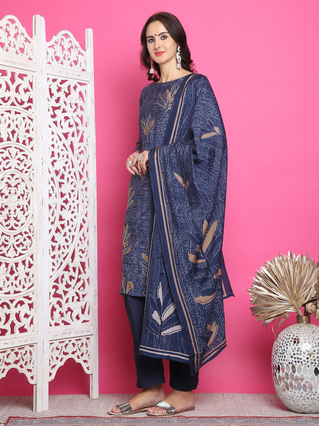 Jyoti Fashion Women's Navy Blue Muslin Floral Print with Jari & Crystal work Kurta with Trouser & Dupatta