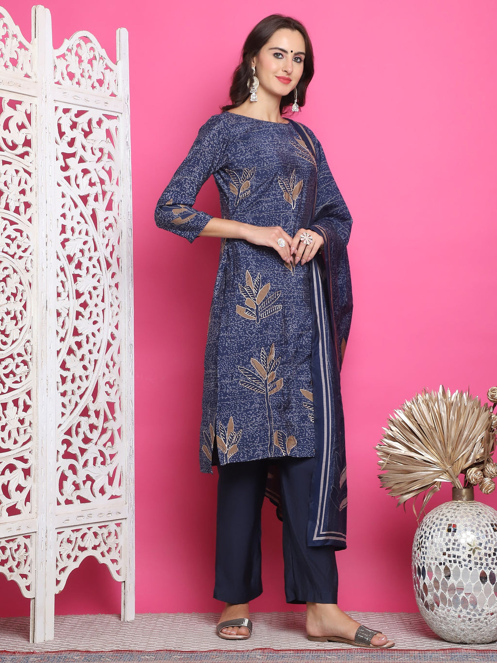 Jyoti Fashion Women's Navy Blue Muslin Floral Print with Jari & Crystal work Kurta with Trouser & Dupatta