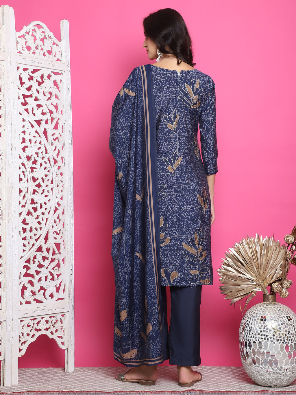Jyoti Fashion Women's Navy Blue Muslin Floral Print with Jari & Crystal work Kurta with Trouser & Dupatta
