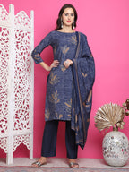 Jyoti Fashion Women's Navy Blue Muslin Floral Print with Jari & Crystal work Kurta with Trouser & Dupatta