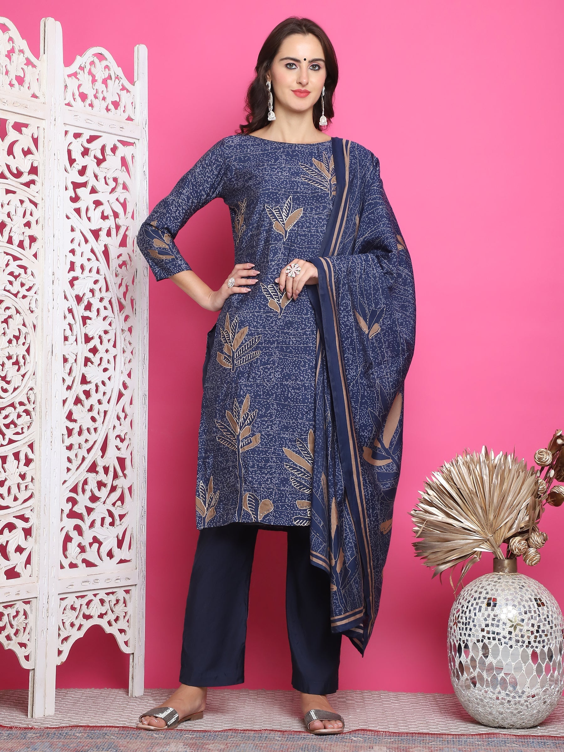 Jyoti Fashion Women's Navy Blue Muslin Floral Print with Jari & Crystal work Kurta with Trouser & Dupatta