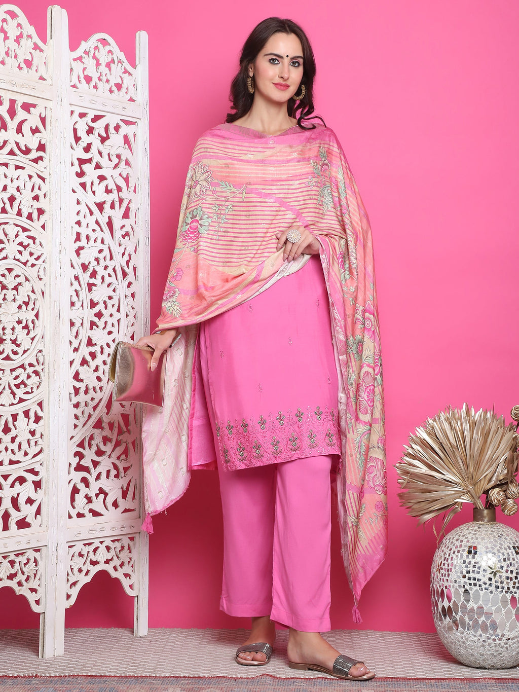 Jyoti Fashion Women's Pink Muslin Floral Resham Embroidery Kurta with Trouser & Dupatta