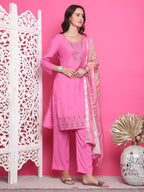 Jyoti Fashion Women's Pink Muslin Floral Resham Embroidery Kurta with Trouser & Dupatta