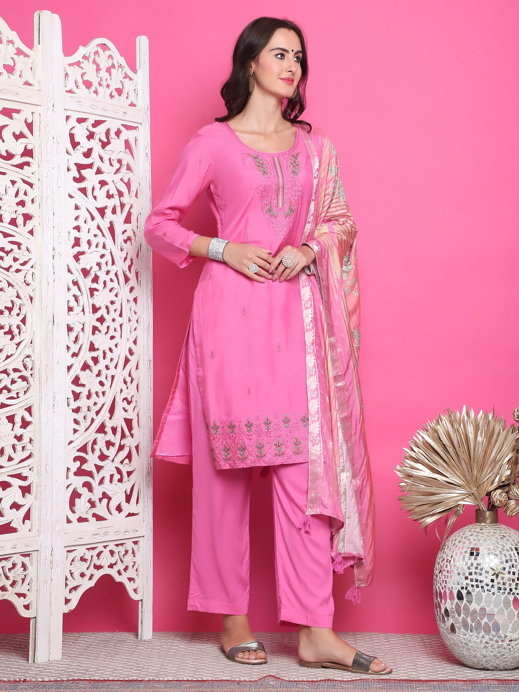 Jyoti Fashion Women's Pink Muslin Floral Resham Embroidery Kurta with Trouser & Dupatta