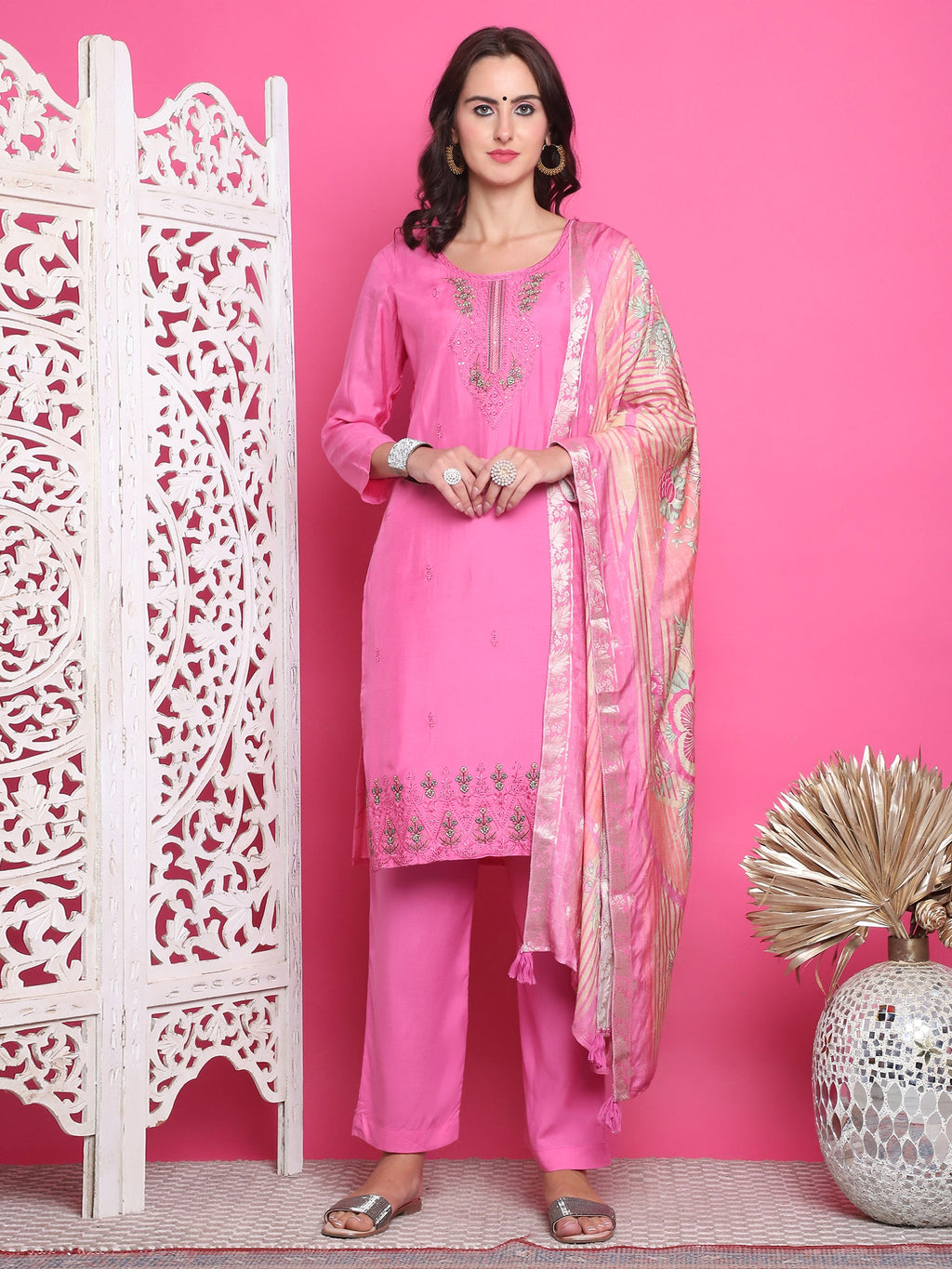 Jyoti Fashion Women's Pink Muslin Floral Resham Embroidery Kurta with Trouser & Dupatta