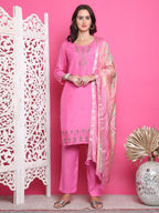 Jyoti Fashion Women's Pink Muslin Floral Resham Embroidery Kurta with Trouser & Dupatta
