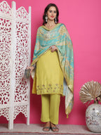 Jyoti Fashion Women's Lemon Yellow Muslin Floral Resham Embroidery Kurta with Trouser & Dupatta