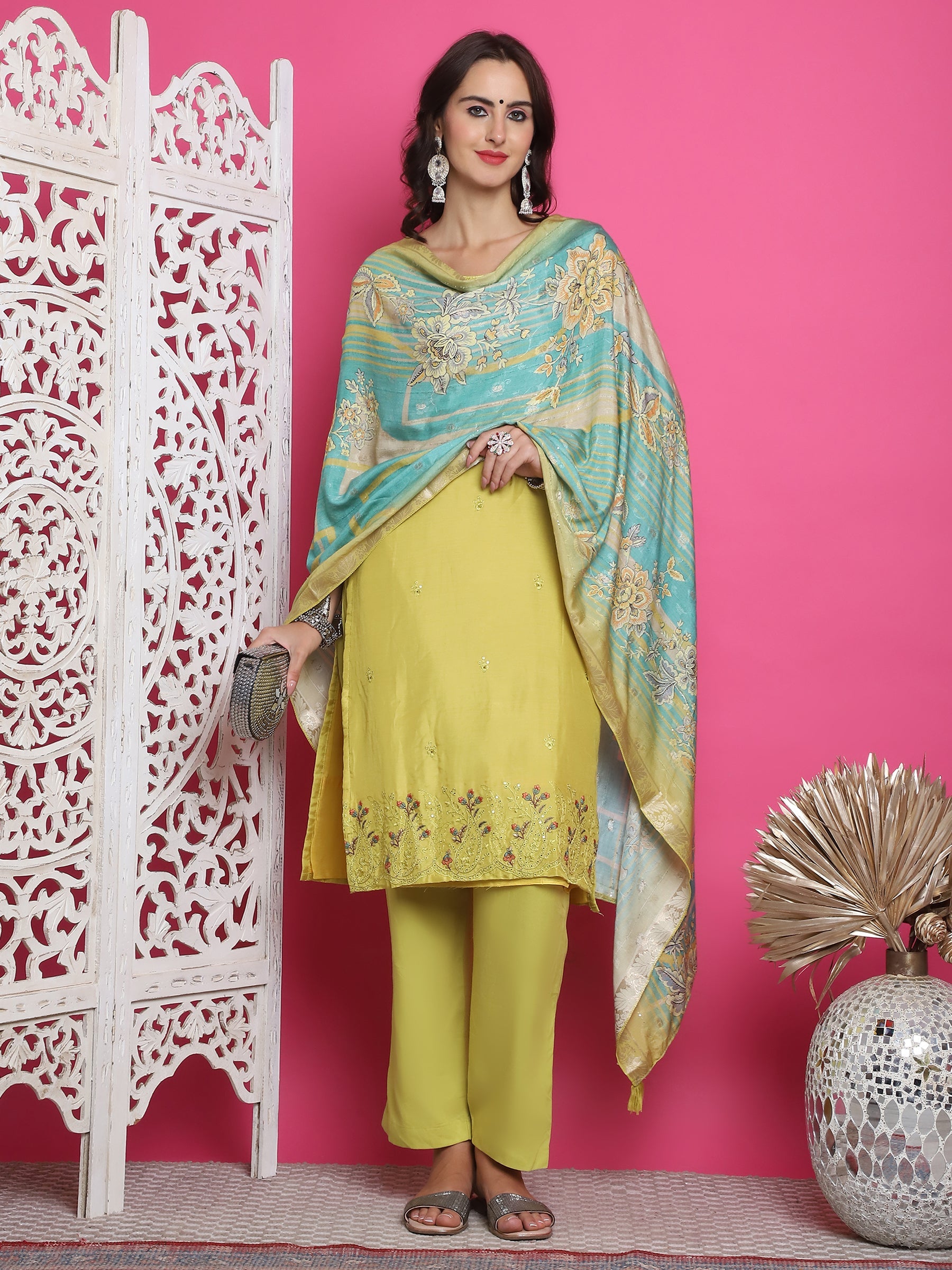 Jyoti Fashion Women's Lemon Yellow Muslin Floral Resham Embroidery Kurta with Trouser & Dupatta
