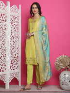 Jyoti Fashion Women's Lemon Yellow Muslin Floral Resham Embroidery Kurta with Trouser & Dupatta