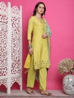 Jyoti Fashion Women's Lemon Yellow Muslin Floral Resham Embroidery Kurta with Trouser & Dupatta