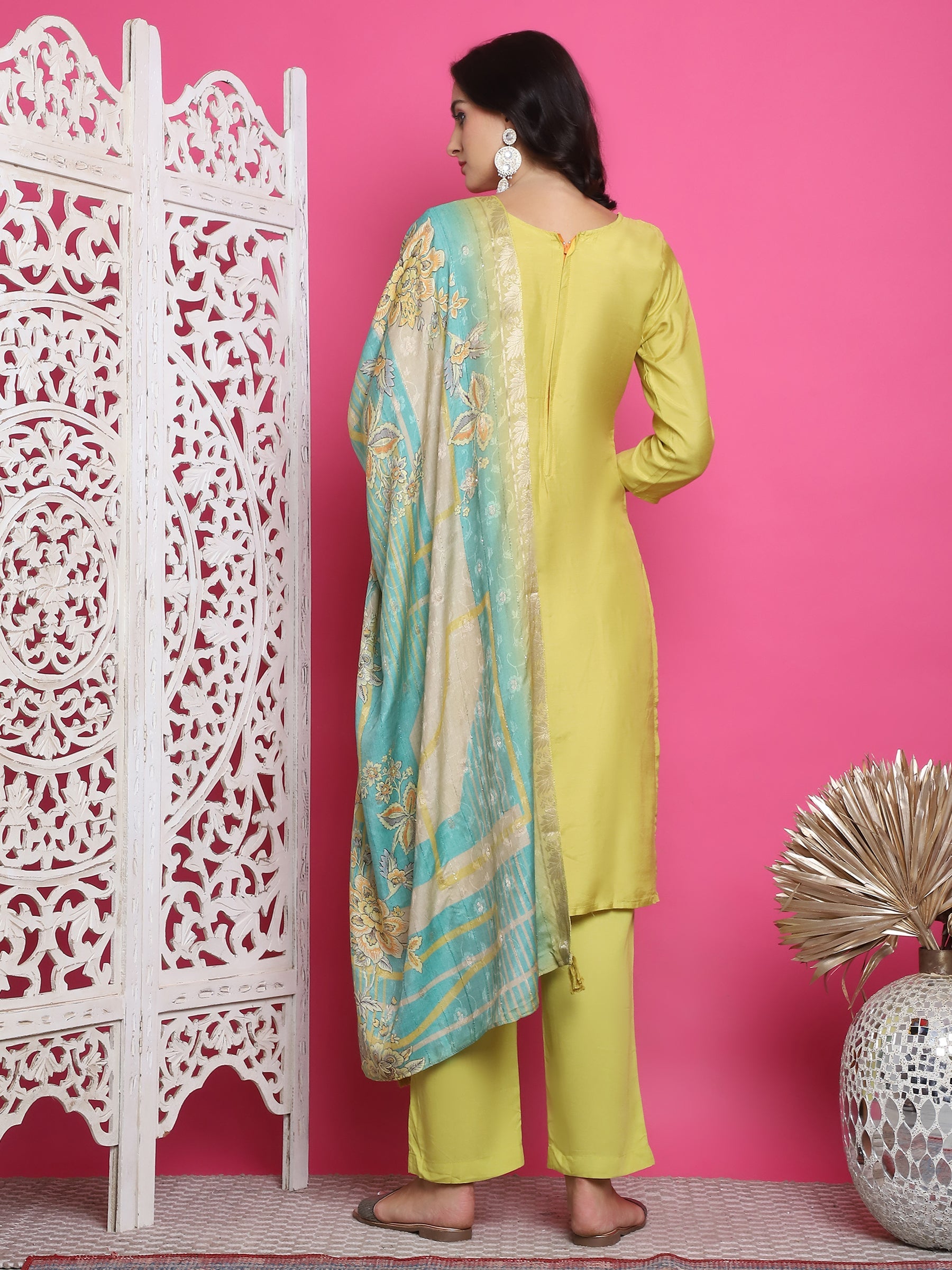 Jyoti Fashion Women's Lemon Yellow Muslin Floral Resham Embroidery Kurta with Trouser & Dupatta