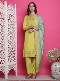 Jyoti Fashion Women's Lemon Yellow Muslin Floral Resham Embroidery Kurta with Trouser & Dupatta