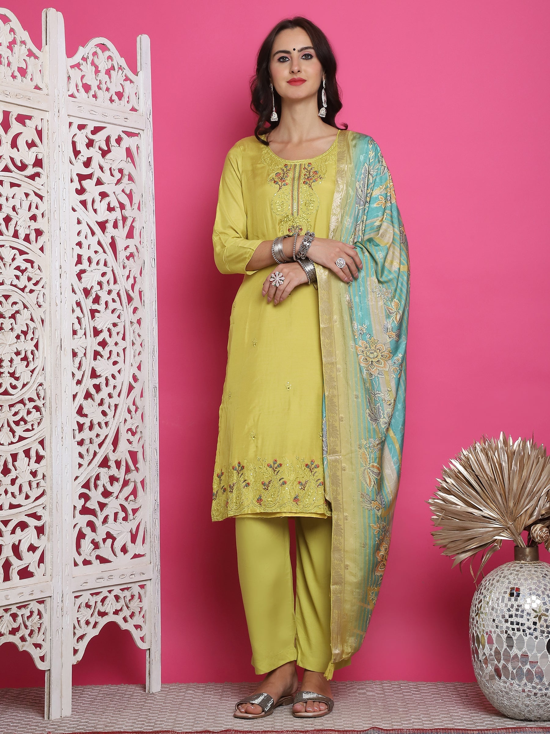 Jyoti Fashion Women's Lemon Yellow Muslin Floral Resham Embroidery Kurta with Trouser & Dupatta