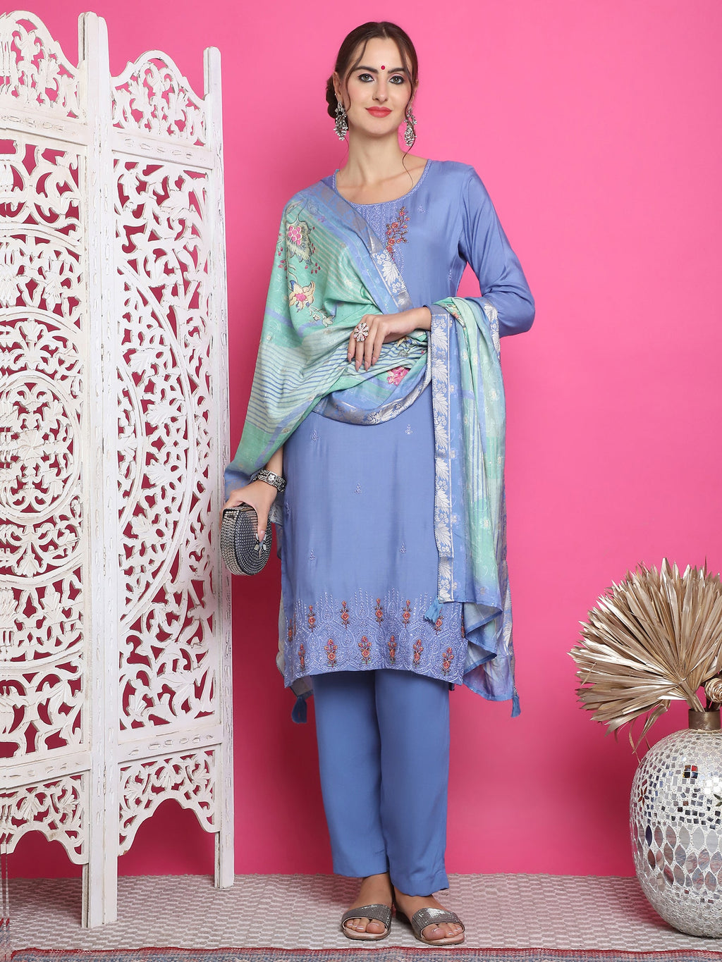 Jyoti Fashion Women's Blue Muslin Floral Resham Embroidery Kurta with Trouser & Dupatta