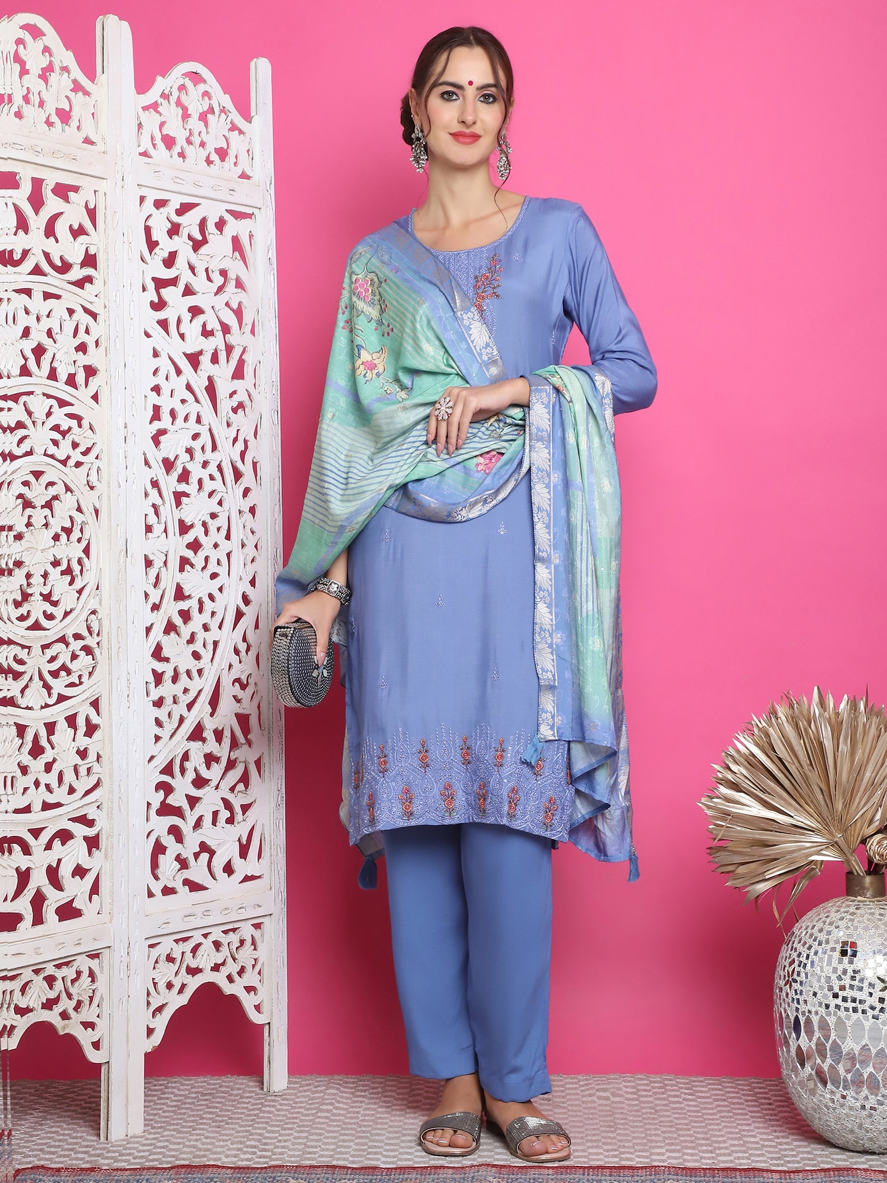 Jyoti Fashion Women's Blue Muslin Floral Resham Embroidery Kurta with Trouser & Dupatta