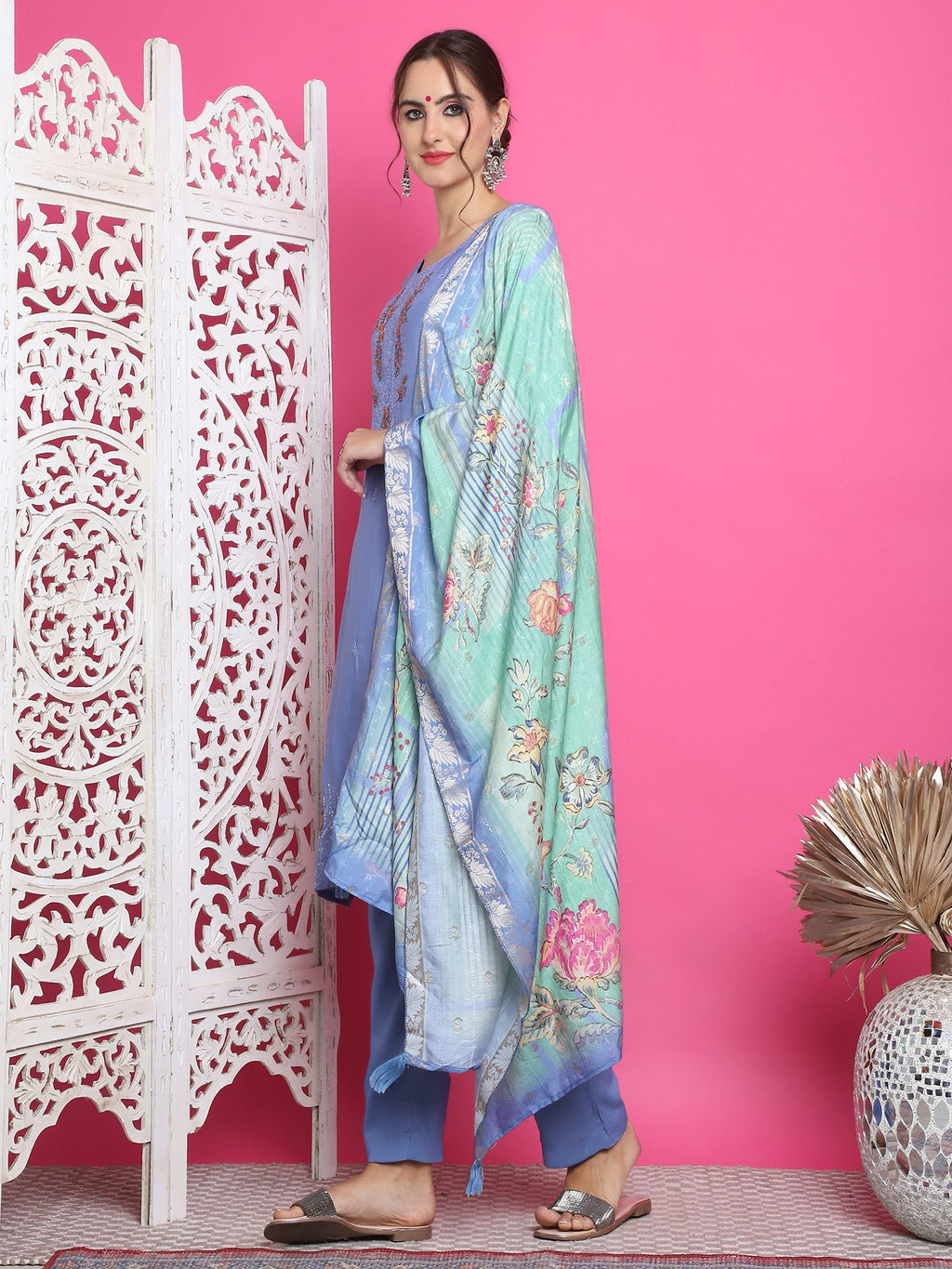Jyoti Fashion Women's Blue Muslin Floral Resham Embroidery Kurta with Trouser & Dupatta