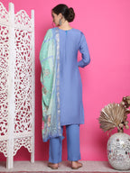 Jyoti Fashion Women's Blue Muslin Floral Resham Embroidery Kurta with Trouser & Dupatta