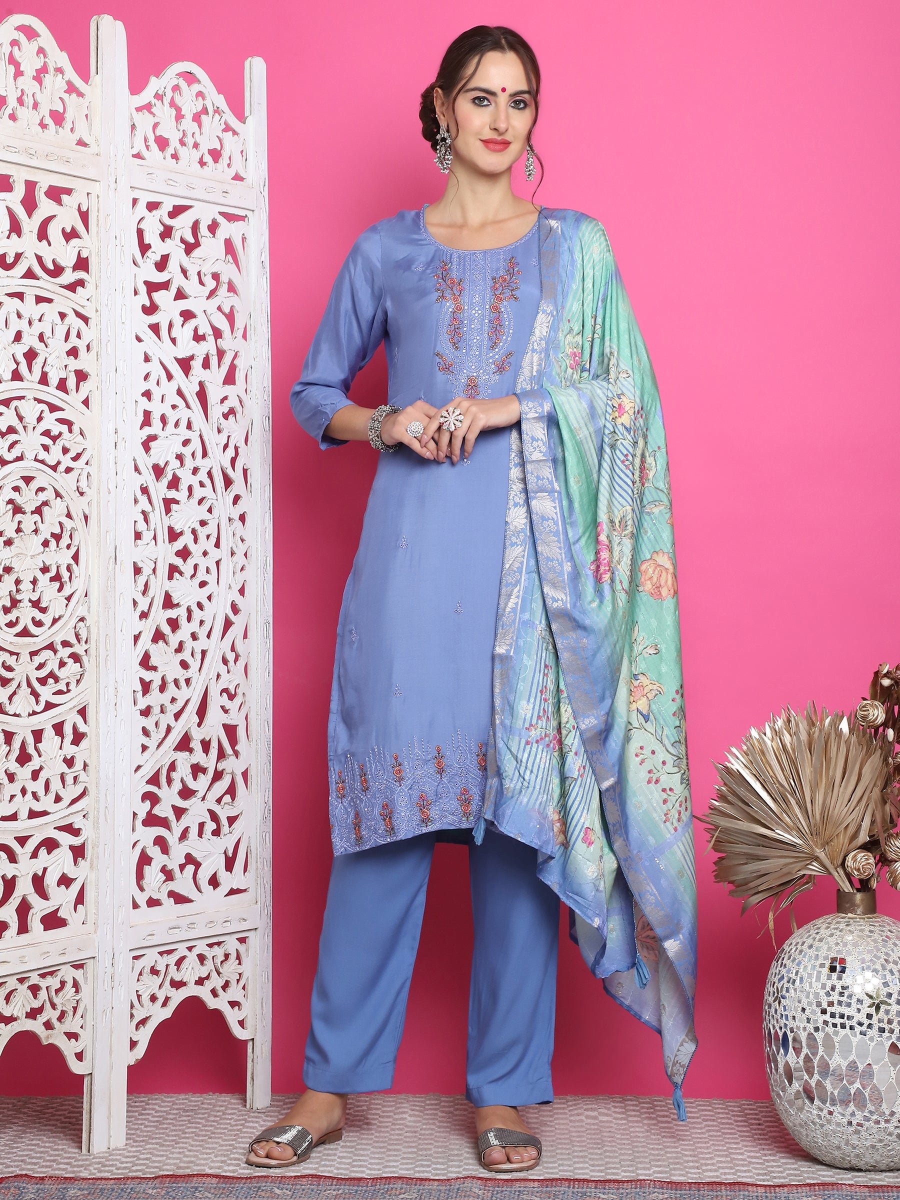Jyoti Fashion Women's Blue Muslin Floral Resham Embroidery Kurta with Trouser & Dupatta