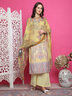 Jyoti Fashion Women's Yellow Satin Traditional Digital Print with Crystal work Kurta with Trouser & Dupatta