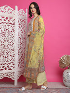 Jyoti Fashion Women's Yellow Satin Traditional Digital Print with Crystal work Kurta with Trouser & Dupatta