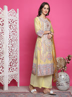 Jyoti Fashion Women's Yellow Satin Traditional Digital Print with Crystal work Kurta with Trouser & Dupatta