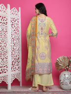 Jyoti Fashion Women's Yellow Satin Traditional Digital Print with Crystal work Kurta with Trouser & Dupatta