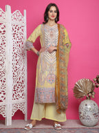 Jyoti Fashion Women's Yellow Satin Traditional Digital Print with Crystal work Kurta with Trouser & Dupatta