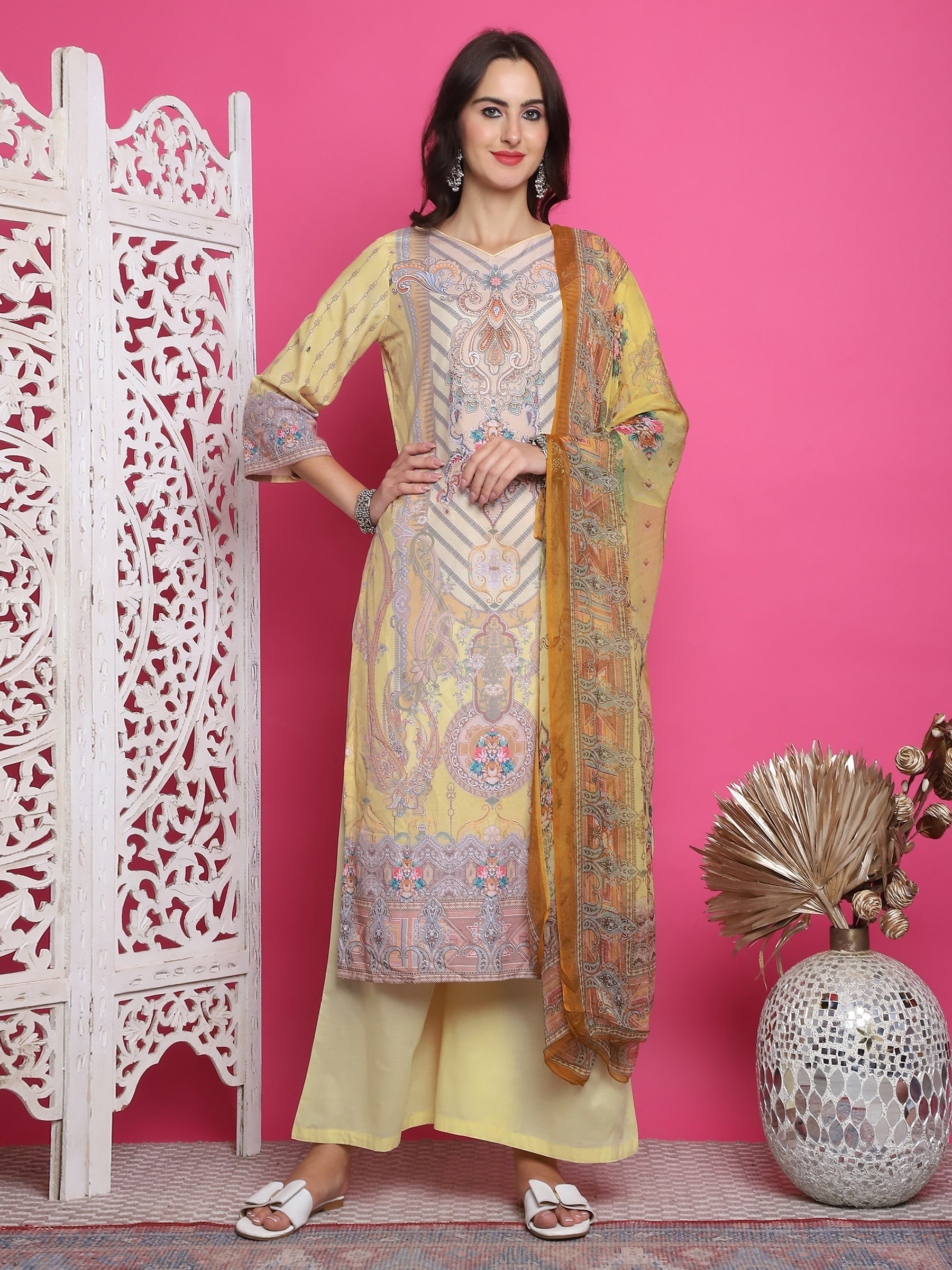 Jyoti Fashion Women's Yellow Satin Traditional Digital Print with Crystal work Kurta with Trouser & Dupatta
