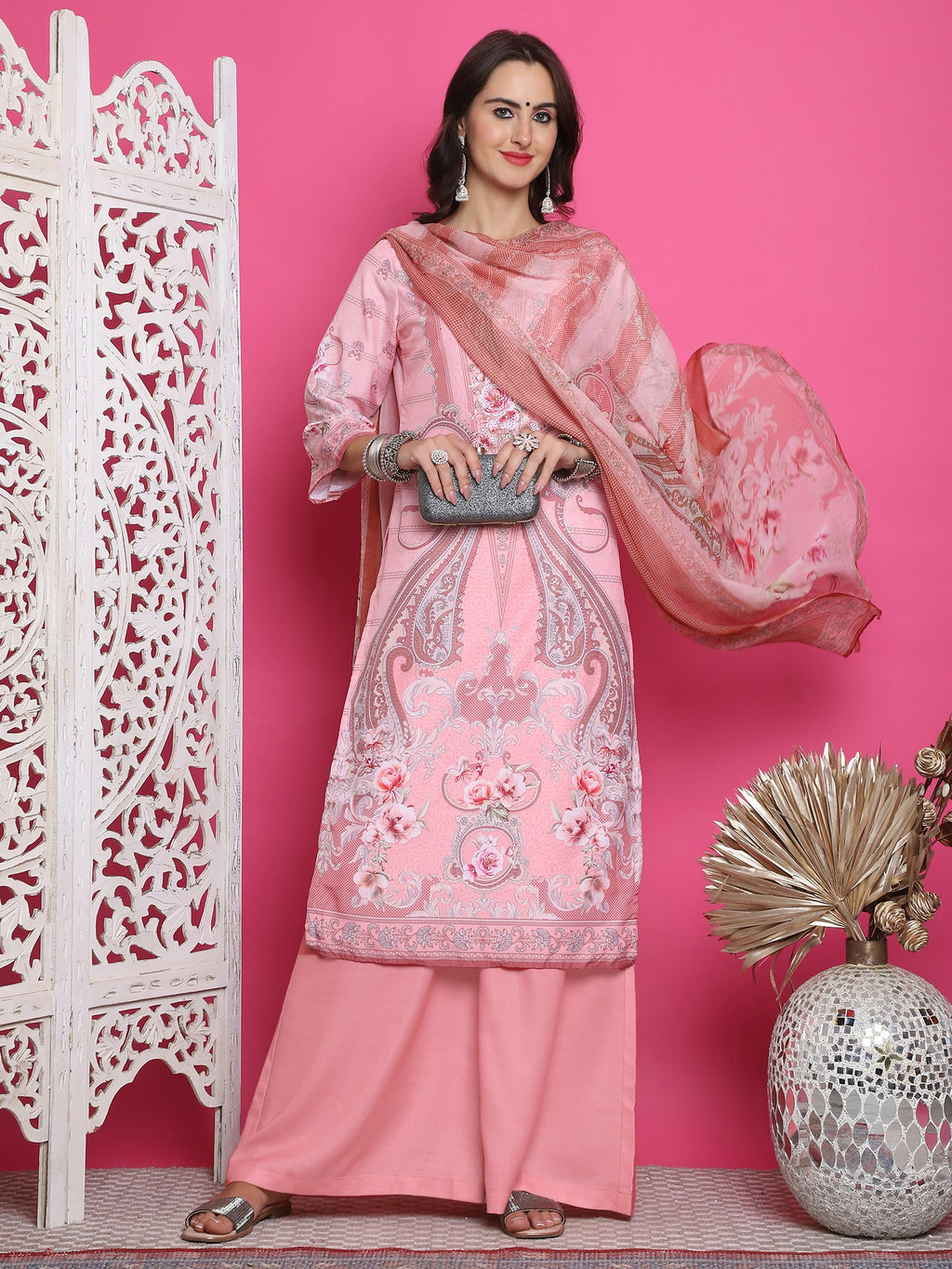 Jyoti Fashion Women's Pink Satin Traditional Digital Print with Crystal work Kurta with Trouser & Dupatta