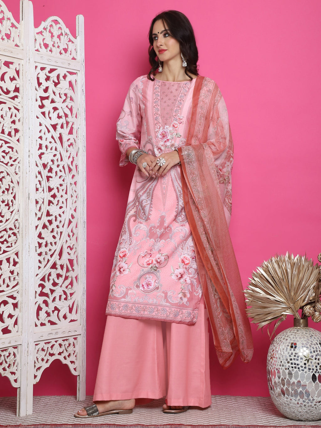 Jyoti Fashion Women's Pink Satin Traditional Digital Print with Crystal work Kurta with Trouser & Dupatta