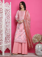 Jyoti Fashion Women's Pink Satin Traditional Digital Print with Crystal work Kurta with Trouser & Dupatta