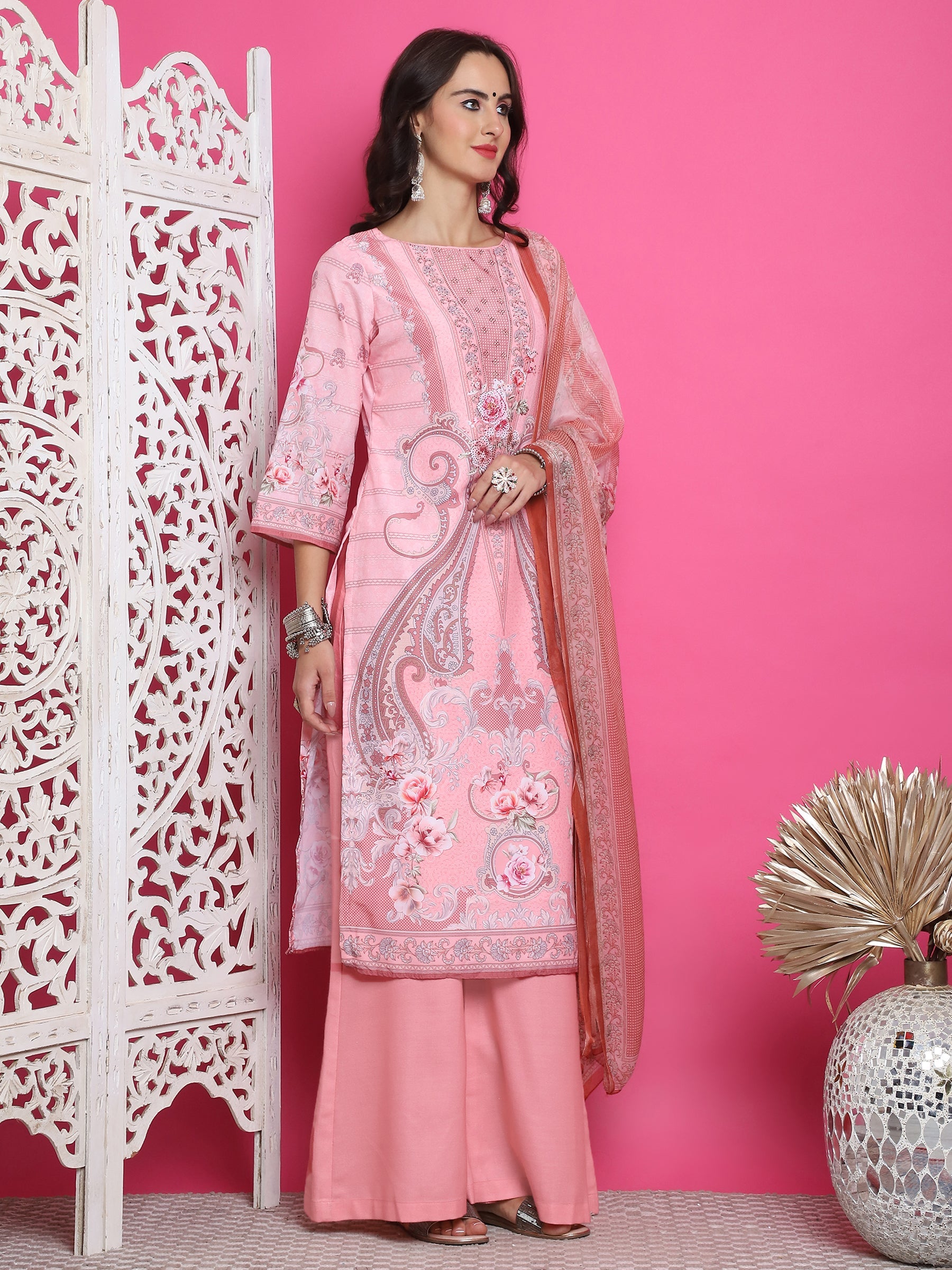 Jyoti Fashion Women's Pink Satin Traditional Digital Print with Crystal work Kurta with Trouser & Dupatta