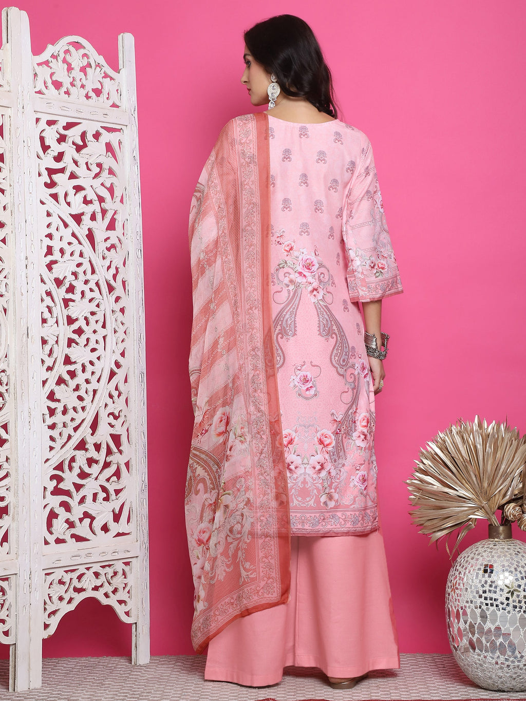 Jyoti Fashion Women's Pink Satin Traditional Digital Print with Crystal work Kurta with Trouser & Dupatta