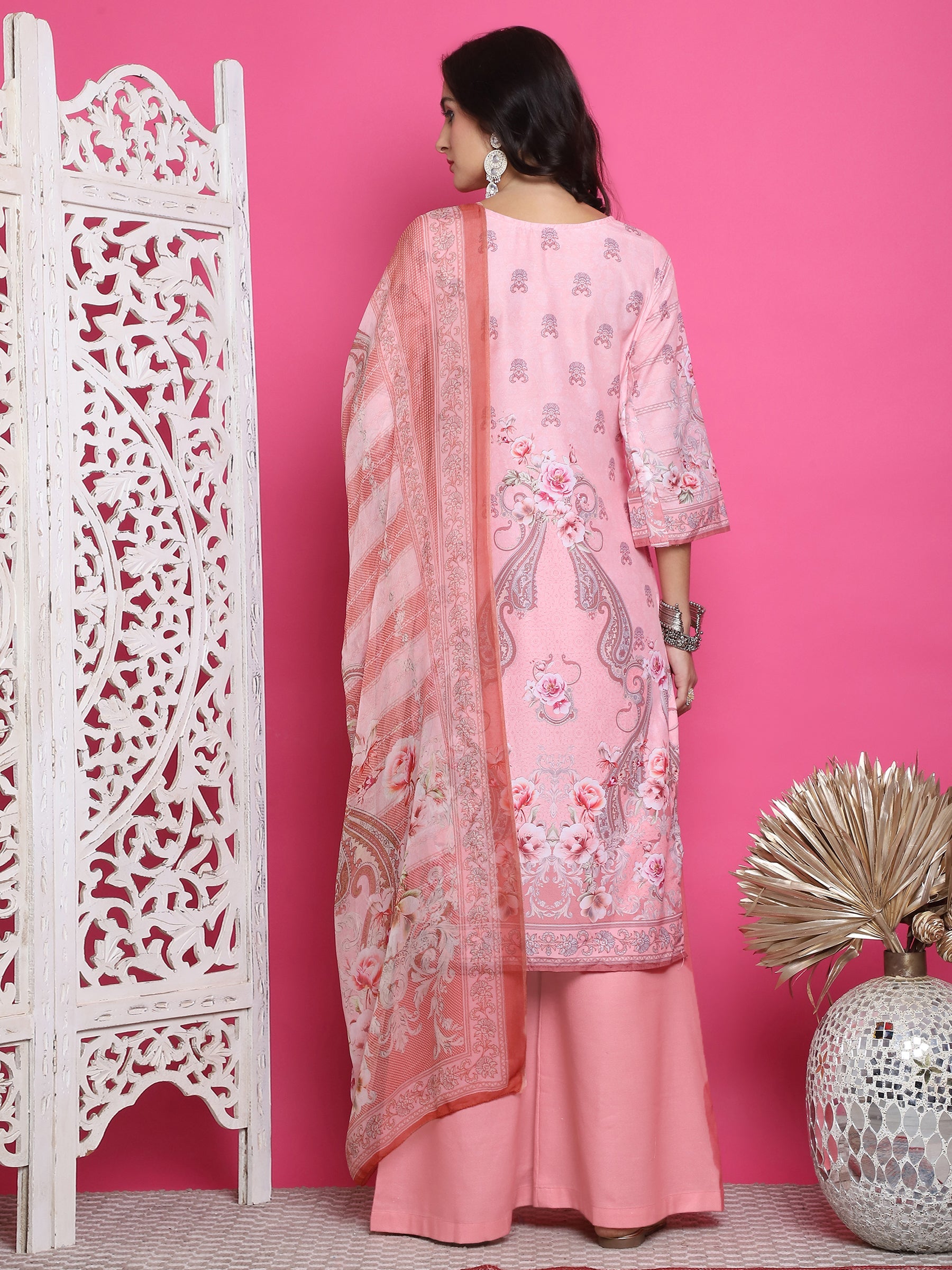 Jyoti Fashion Women's Pink Satin Traditional Digital Print with Crystal work Kurta with Trouser & Dupatta