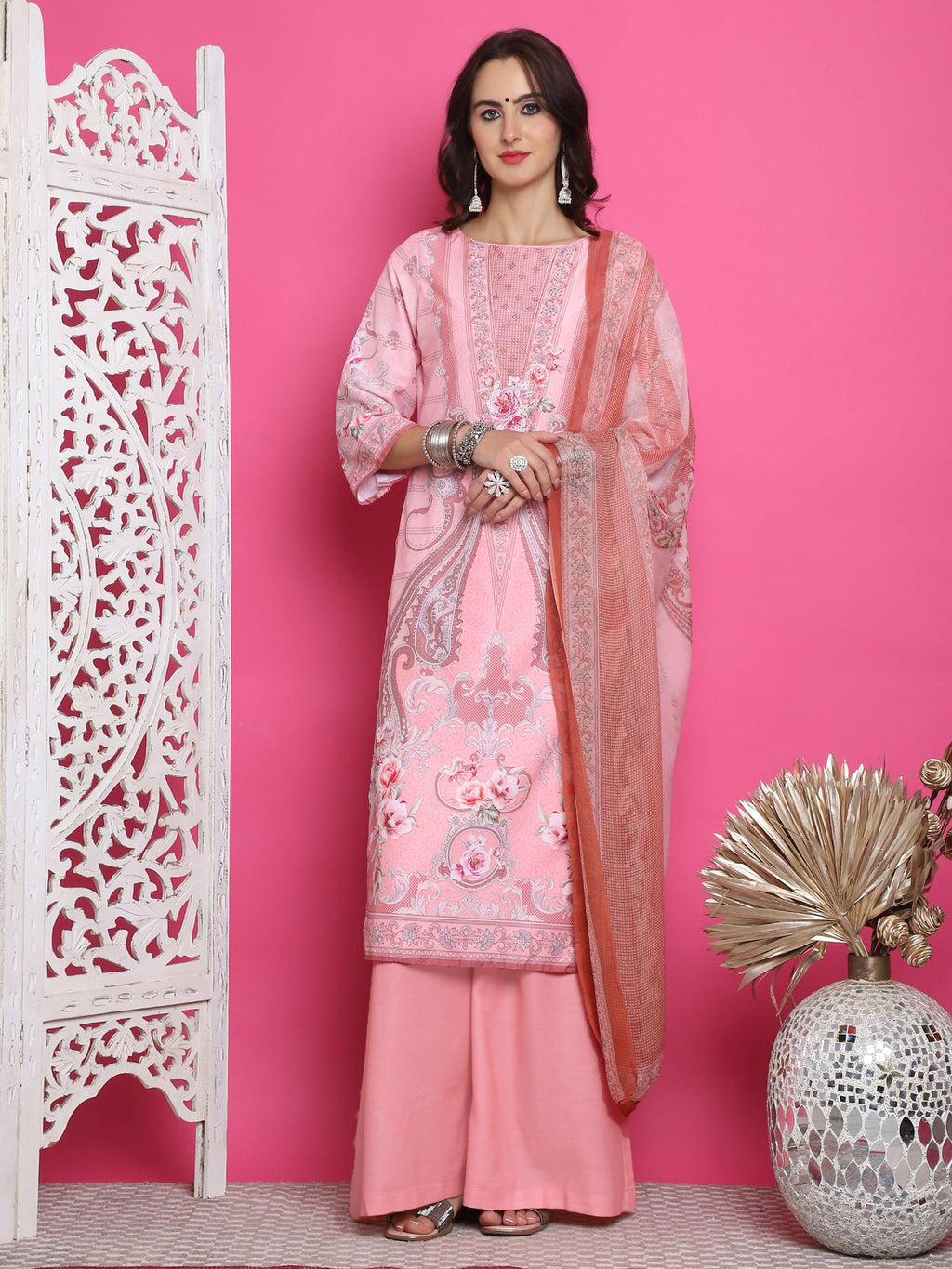Jyoti Fashion Women's Pink Satin Traditional Digital Print with Crystal work Kurta with Trouser & Dupatta