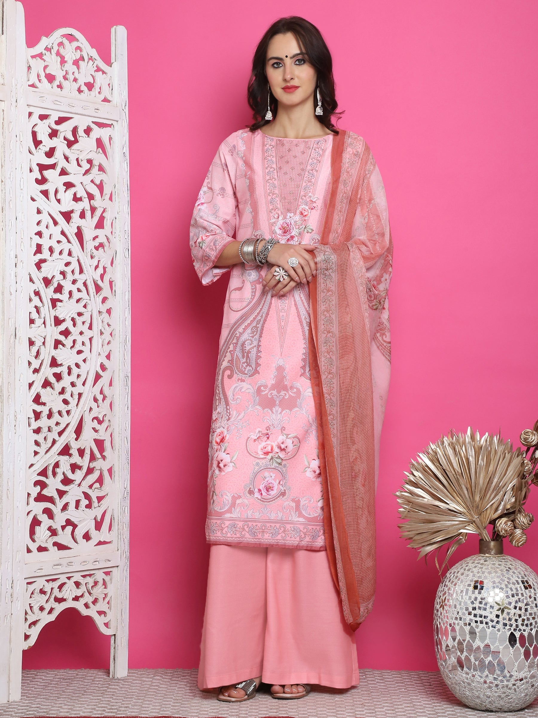 Jyoti Fashion Women's Pink Satin Traditional Digital Print with Crystal work Kurta with Trouser & Dupatta