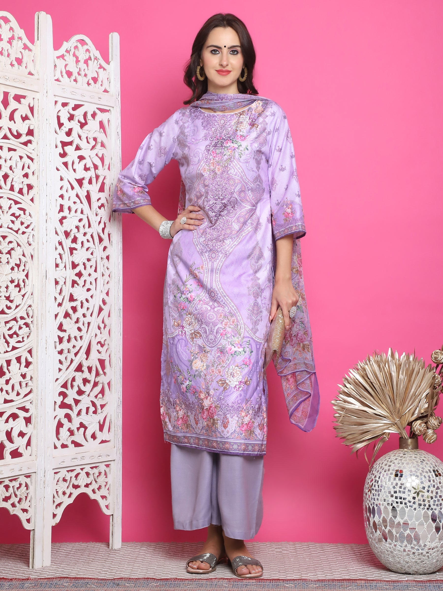 Jyoti Fashion Women's Lavender Satin Traditional Digital Print with Crystal work Kurta with Trouser & Dupatta
