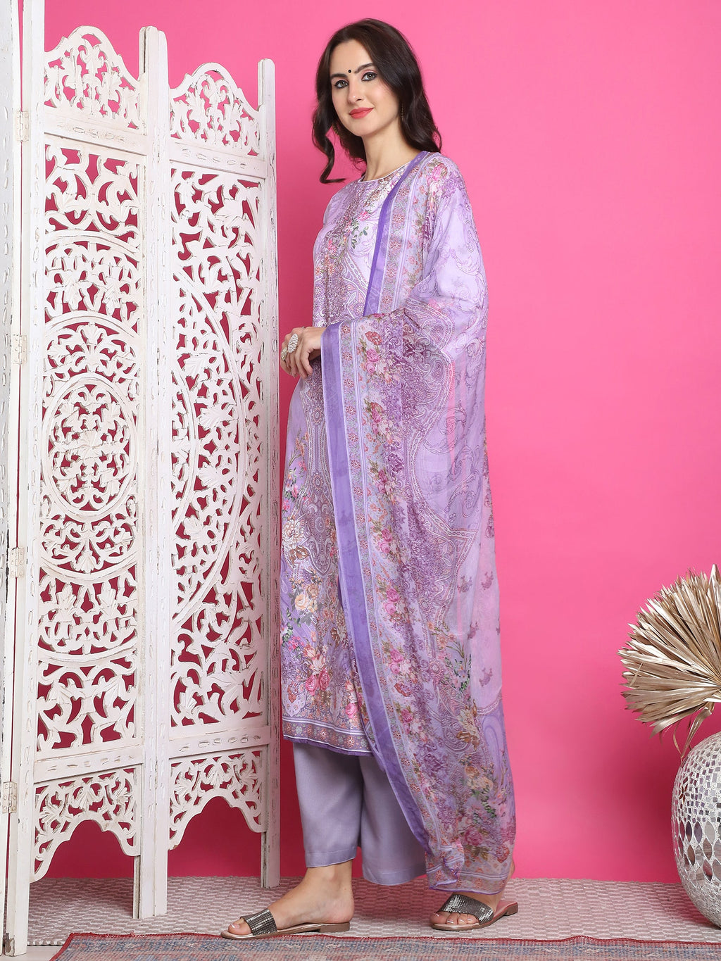 Jyoti Fashion Women's Lavender Satin Traditional Digital Print with Crystal work Kurta with Trouser & Dupatta