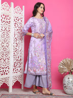Jyoti Fashion Women's Lavender Satin Traditional Digital Print with Crystal work Kurta with Trouser & Dupatta