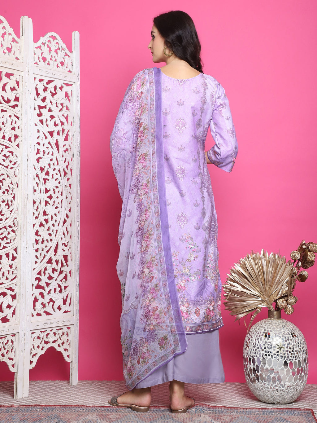 Jyoti Fashion Women's Lavender Satin Traditional Digital Print with Crystal work Kurta with Trouser & Dupatta