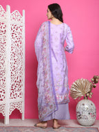 Jyoti Fashion Women's Lavender Satin Traditional Digital Print with Crystal work Kurta with Trouser & Dupatta