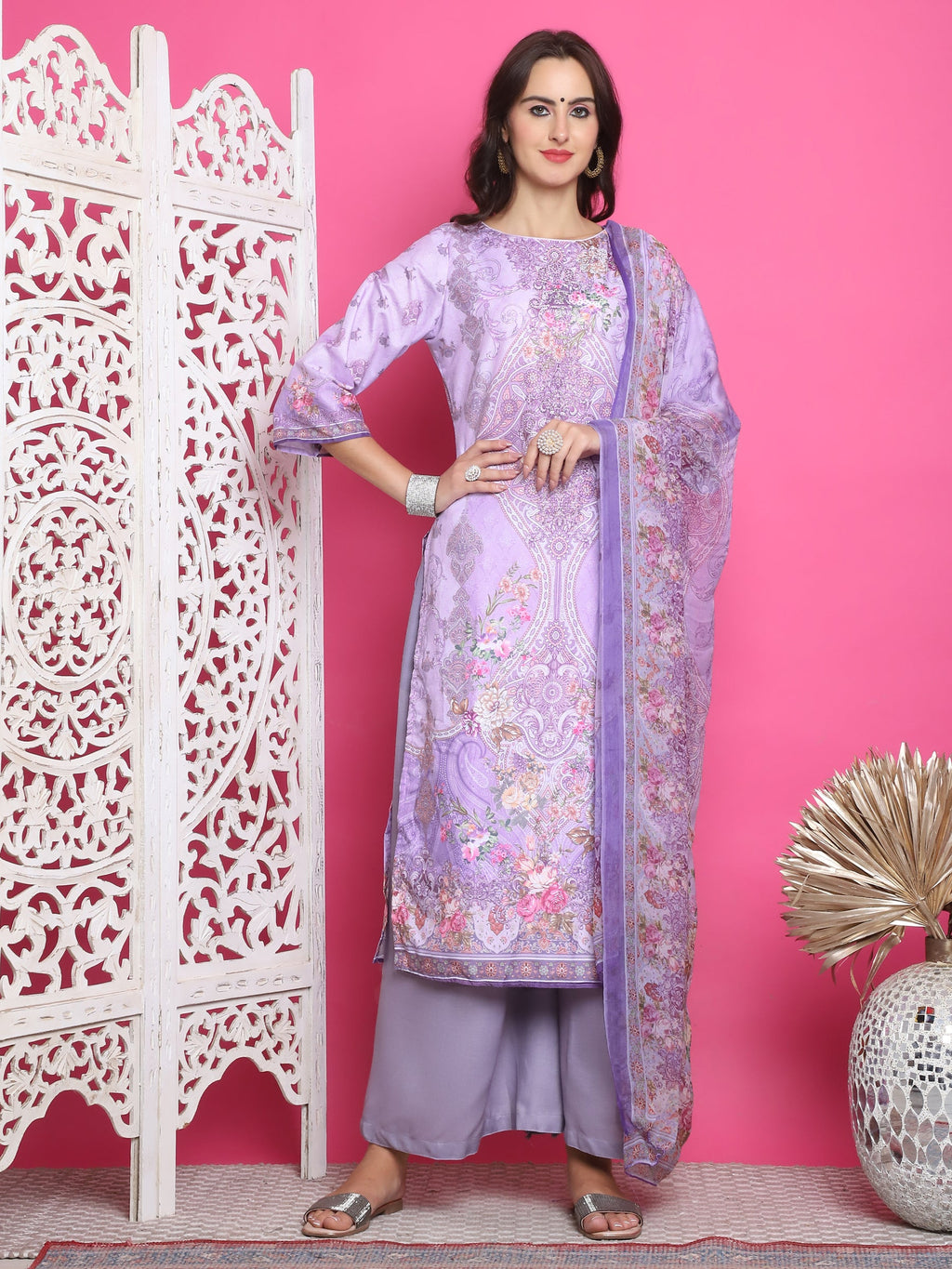Jyoti Fashion Women's Lavender Satin Traditional Digital Print with Crystal work Kurta with Trouser & Dupatta