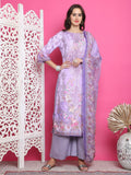 Jyoti Fashion Women's Lavender Satin Traditional Digital Print with Crystal work Kurta with Trouser & Dupatta