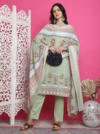 Jyoti Fashion Women's Green Cotton Floral Digital Print with Resham Thread Work Kurta with Trouser & Dupatta
