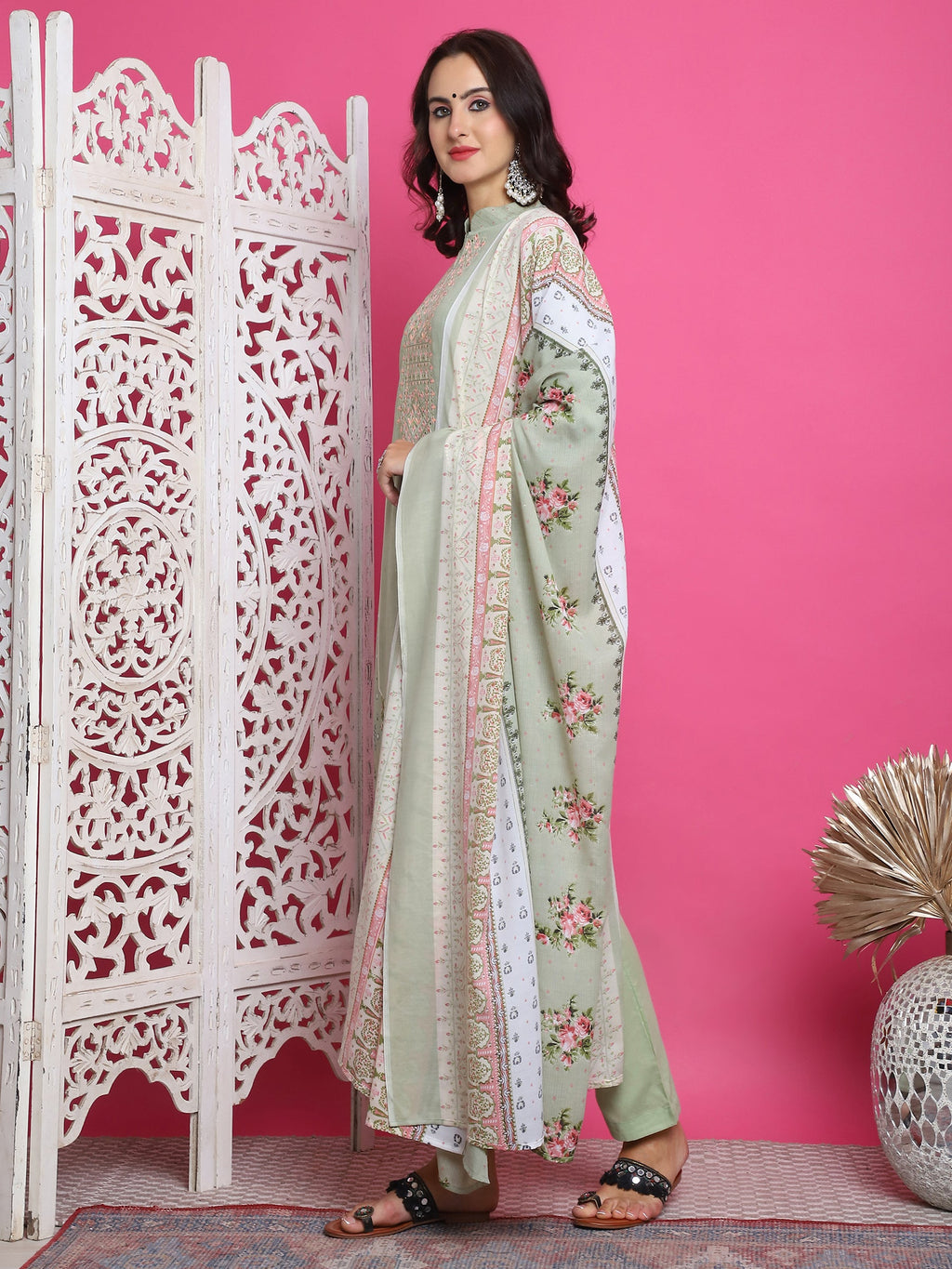 Jyoti Fashion Women's Green Cotton Floral Digital Print with Resham Thread Work Kurta with Trouser & Dupatta